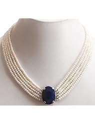 Designer Handcrafted 5 Strands Natural Pearl Beaded Necklace with 925 Sterling Silver Blue Sapphire Clasp