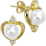 Solid 14KT Gold HEART Cubic Zirconia Pearl Earrings