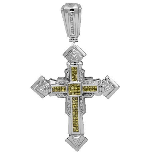 14K White Gold Mens Diamond Cross Pendant with Yellow Diamonds 2.17 Ctw