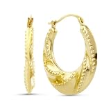 14K Yellow Gold Textured Fancy Flat Hoop Earrings