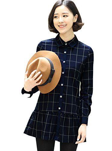 【ARINCO】 チェック 裾 フレア 襟付 シャツ ワンピース レディース カジュアル ネイビー サイズ S M L