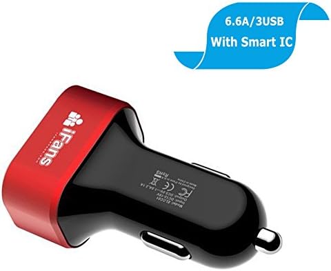 Car Charger,iFans® 6.6A 33W Portable Travel Charger Rapid 3 USB Ports Car Charger with Smart Sharing IC for iPhone 6 5 5s 5c 4 4s, iPad 4 3 2, iPad Mini, iPad Air, iPad Mini Retina, iPad Touch,samsung Galaxy S5, S4, S3, S2, Note 4 3, Other Android Smartphone/tablets --Black+Red