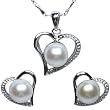 Cursive Heart Shaped Cultured Pearl Platinum Overlay Sterling Silver Pendant Necklace and Stud Earrings