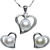 Cursive Heart Shaped Cultured Pearl Platinum Overlay Sterling Silver Pendant Necklace and Stud Earrings