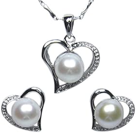 Cursive Heart Shaped Cultured Pearl Platinum Overlay Sterling Silver Pendant Necklace and Stud Earrings (16"): Dahlia: Jewelry