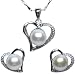 Cursive Heart Shaped Cultured Pearl Platinum Overlay Sterling Silver Pendant Necklace and Stud Earrings