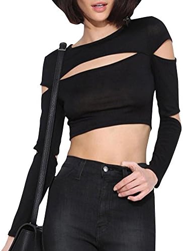 Hdyee Women's Sexy Hollow Out Slim Fit Cropped Long Sleeve Blouse Tops