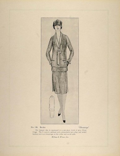 1926 Print Art Deco Fashion French Couture Dress Berthe 106 Dlemenga Wool Crepe - Original Print