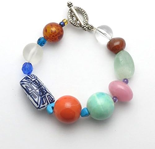 Mixed Gemstone Fengshui Charm Bracelet | Jade Porcelain Amber Blue Glass Pink Stone 8"