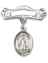 Sterling Silver Baby Badge with St. Rachel Charm and Arched Polished Badge Pin