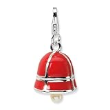 Sterling Silver FW Cultured Pearl Red Enamel Bell w/Lobster Claw Clasp Clasp Charm