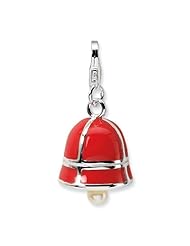 Sterling Silver FW Cultured Pearl Red Enamel Bell with Lobster Clasp Charm