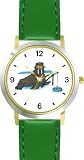 Walrus Ice Fishing Cartoon - JP Animal - WATCHBUDDY® DELUXE TWO-TONE THEME WATCH - Arabic Numbers - Green Leather Strap-Size-Children's Size-Small ( Boy's Size & Girl's Size )