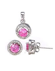 Designer Sterling Silver Pave Setting Grade AAA Round Pink and White CZ Earrings & Pendant Set with Free 18 inch Cable Chain