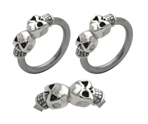 Pair of double 2 skull skeleton Hypoallergenic 316L Stainless Steel Surgical Steel Captive bead Ring lip, belly, nipple, cartilage, tragus, earring body Jewelry piercing hoop - 14 gauge, 3/8