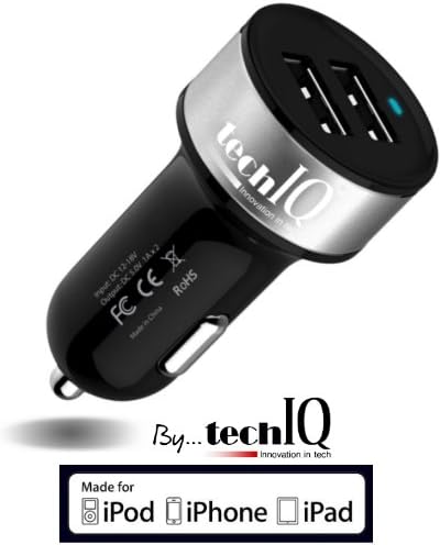 iPhone Car Charger | Apple Certified | Works with Apple iPhone Models 3, 4, 5, 6 as well as Android | This 2usb, 12v to usb Charger in Car Charges your Mobile Devices 50% Faster than other Android and iPhone Chargers | The Car Charger has Advanced Electronic Functions which Protect iPhone, iPod, iPad as well as Android Tablets and Cell Phones from Samsung, Google, Nokia, HTC, Motorola, Blackberry and other brands from overheating, overcharging and the consequent damage | Order your techIQ's Universal Car Charger Today! 100% Satisfaction Guarantee...
