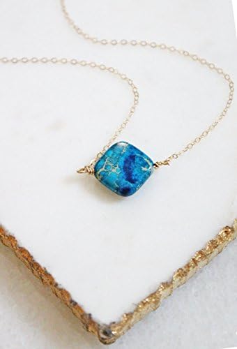 Square Variscite Necklace, Gold, Delicate Layering Necklace, Dainty 14k Gold Fill or Sterling Silver, By Nandi Jewelry