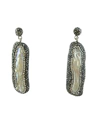 Sterling Silver Black Rhodium Long Pearl Earrings with Small Hematites and Swarovski Crystals