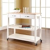 Crosley Natural Wood Top Kitchen Cart/Island w/ Optional Stool Storage in White