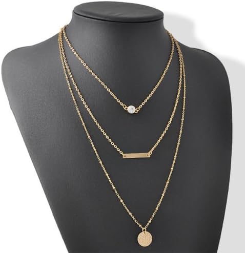Three Layer Thin Circle Long Bar Necklace Pendants Chain Simple Goth Punk Boho