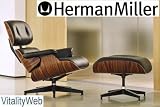 Santos Palisander Herman Miller Eames Chair Recliner Lounger and Matching ottoman - Black Leather
