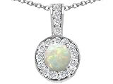 0.47 cts Genuine Round Opal and Diamond Pendant - 14kt White or Yellow Gold