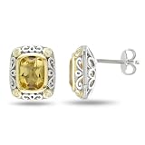 Sterling Silver, Yellow Rhodium Plated, Diamond and Citrine Earrings, (.12 cttw, GH Color, I3 Clarity)