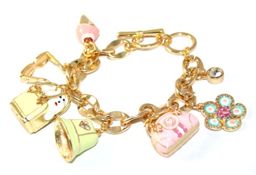 Gorgeous Lady's Themed Chunky Charm Bracelet with Puppy in Purse, Sunglasses, Ice Cream Cone & MORE ~ Gold Tone