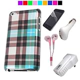 Apple iPod Touch 4G Protective Back Case + Clear Screen Protector + 4th Generation iTouch USB Car Charger + USB Wall Charger + Pink handsfree (Blue Plaid)