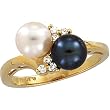 14K Yellow Gold Akoya Cultured Black and White Pearl and Diamond Ring - 6.50mm