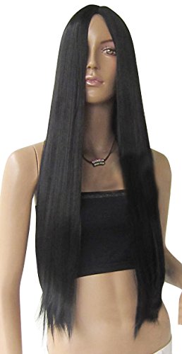 NuoYa001 Black 28'' Women Ladies Long Straight Hair Full Wigs No Bang Middle Part Goddess Party