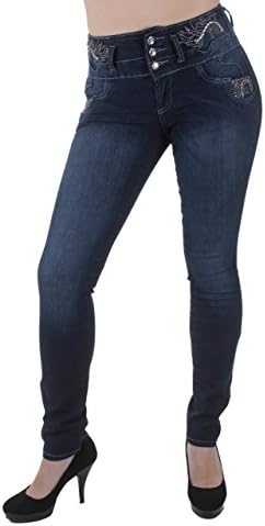 DSJ1812 - High Rise, Butt Lifting, Designed Stretch Skinny Jeans in Washed Dark Blue Size 9