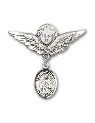 Sterling Silver Baby Badge with St. Placidus Charm and Angel with Wings Badge Pin