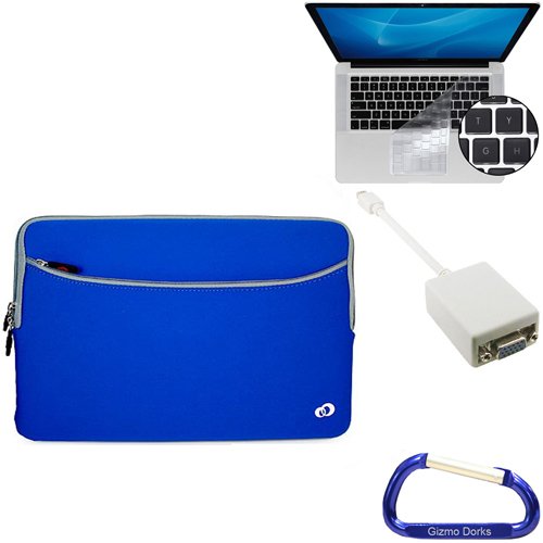 Bundle Set: Blue Apple MacBook Pro / MacBook Air 13.3 Inch Laptop Carrying Sleeve Zipper Case, Keyboard Silicone Skin Cover, Mini DisplayPort Male to VGA Female Adapter, and a Free Carabiner Key Chain