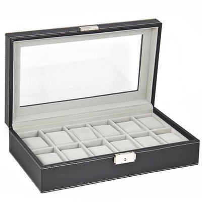 SciencePurchaseSciencePurchase Watch Box Large 12 Mens Black Leather Display Glass Top Jewelry Case Organizer