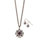 1928 Copper-tone Light and Dark Purple Crystal Flower Earrings and 16 Inch Necklace Set