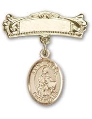 14K Gold Baby Badge with St. Giles Charm and Arched Polished Badge Pin