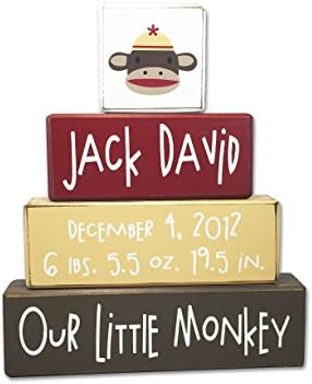 Baby nursery decor, personalized sock monkey birth stats, stacking wood sign blocks, distressed primitive baby room decor by Apple Jack Designs