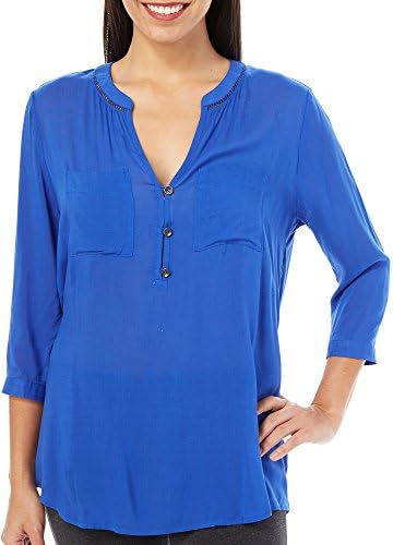 DKNY JEANS Womens Challis Henley High-Low Top Large Cobalt blue
