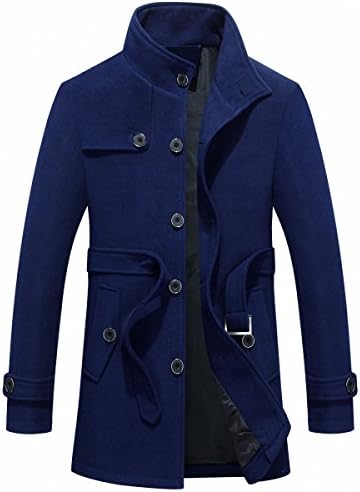 FASHINTY Men's Classical Bussiness Style With Belt Wool Coat Windbreaker #00041 Blue L