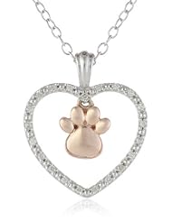 Silver Heart and 10k Rose Gold Paw Symbol Diamond Accent Pendant Necklace, 18"
