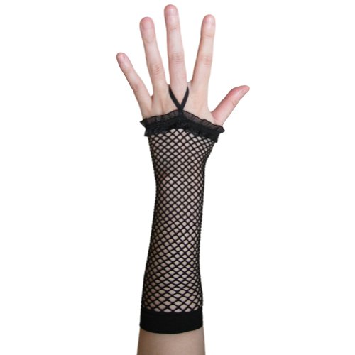 Black Fingerless Fishnet Gloves with Ruffle ~ Costume Party Accessory (STC12093)