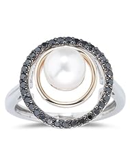 0.33 Ct Black Diamond & Pearl Two Tone Ring in 14K Yellow & White Gold