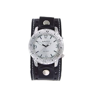 Nemesis # SHT556S Black Divers Light Up Dail Wide Leather Cuff Band Watch
