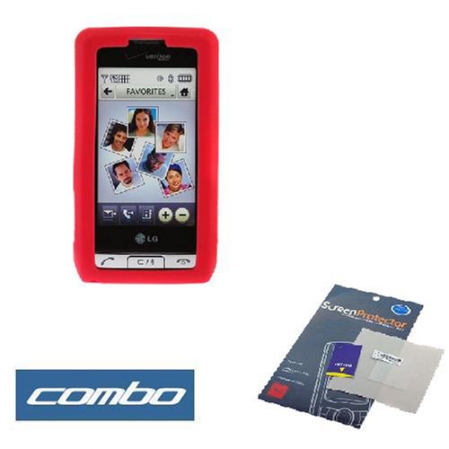 Red Flexible Soft Silicone Skin Case + Clear Reusable LCD Screen Protector for Verizon LG Dare VX9700 VX-9700 Cell Phone