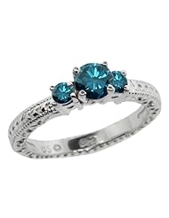 0.79 Ct Round Blue SI1/SI2 Diamond 18K White Gold 3-Stone Ring