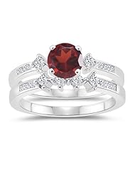 0.48 Cts Diamond & 1.25 Cts Garnet Matching Ring Set in 14K White Gold