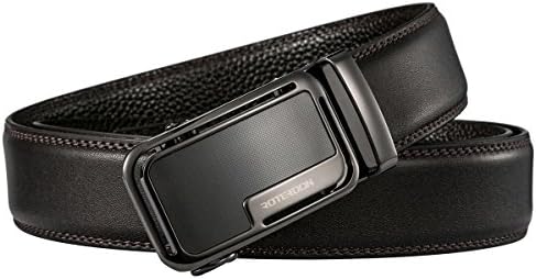 Leather Belt-ROTERDON Men's Genuine Leather Belt Automatic Buckle Ratchet Slide Holeless, Coffee