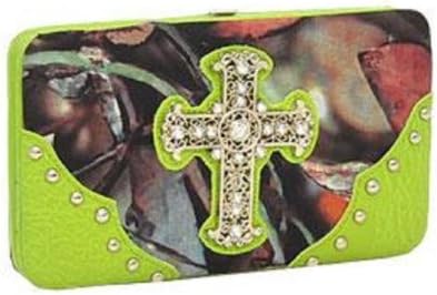 Lime Green Camouflage Fashion Cross Wallet With Rhinestones and Stud