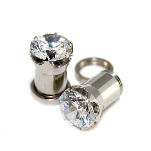 0G = 8mm Screw-on / fit Clear Solid CZ Prongs Setting Ear Plugs Retainers, 1 Pair, Silver